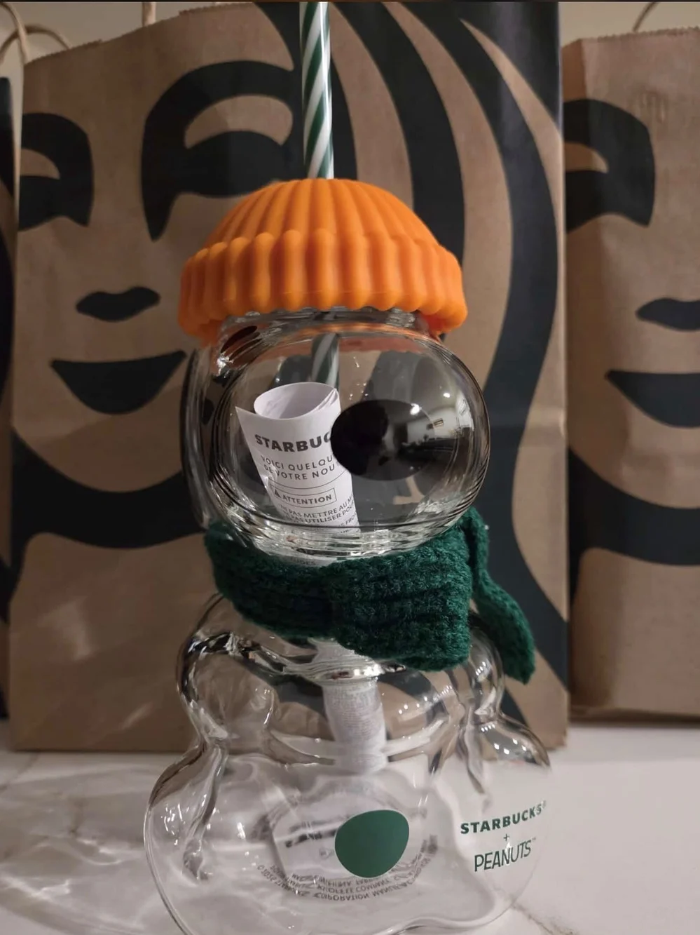 Starbucks Snoopy Glass Tumbler with Orange Lid and Green Scarf